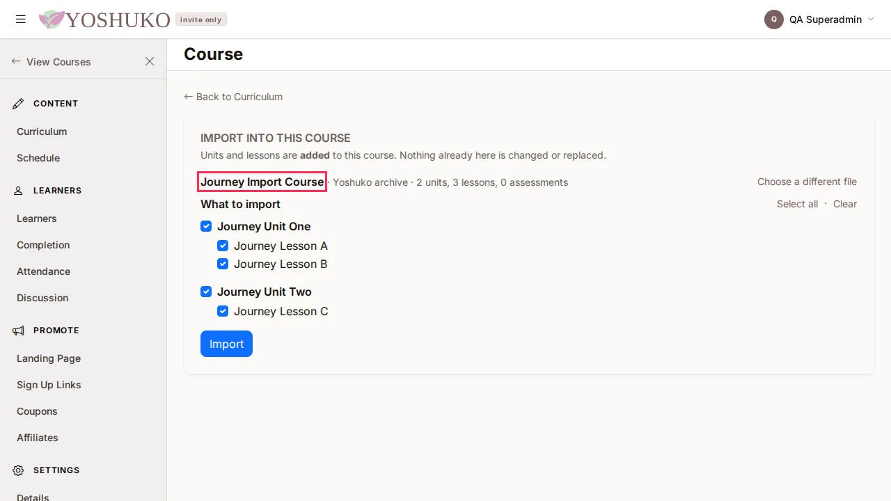 Import into this course screen