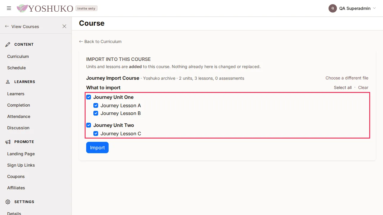 Import into this course screen