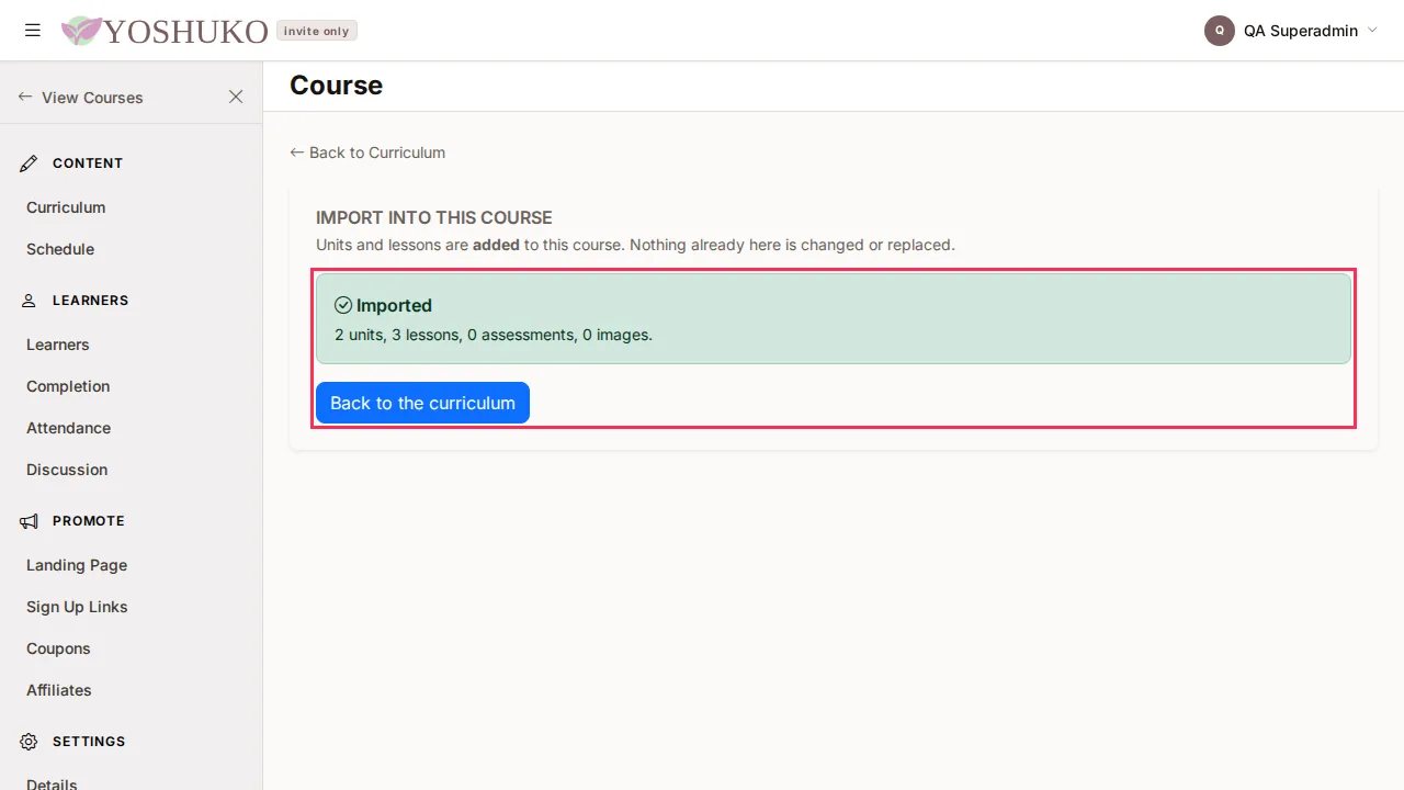 Import into this course screen