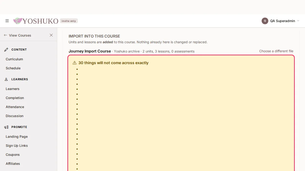 Import into this course screen