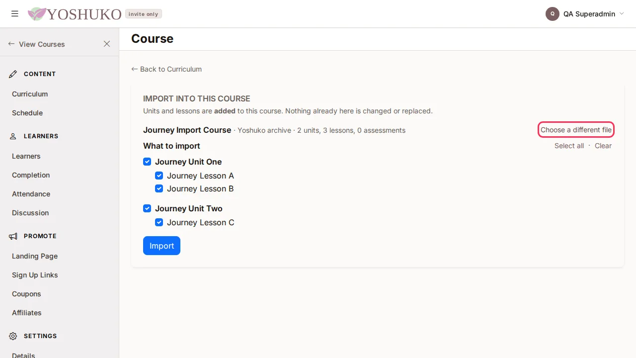 Import into this course screen