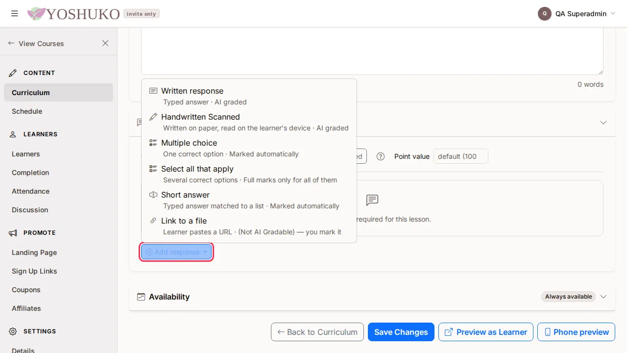 Lesson editor screen