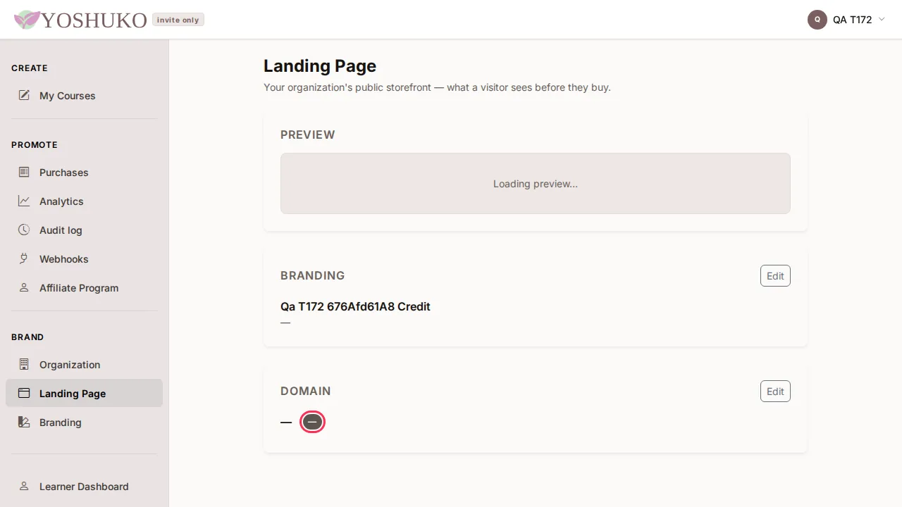 Landing Page (organization) screen