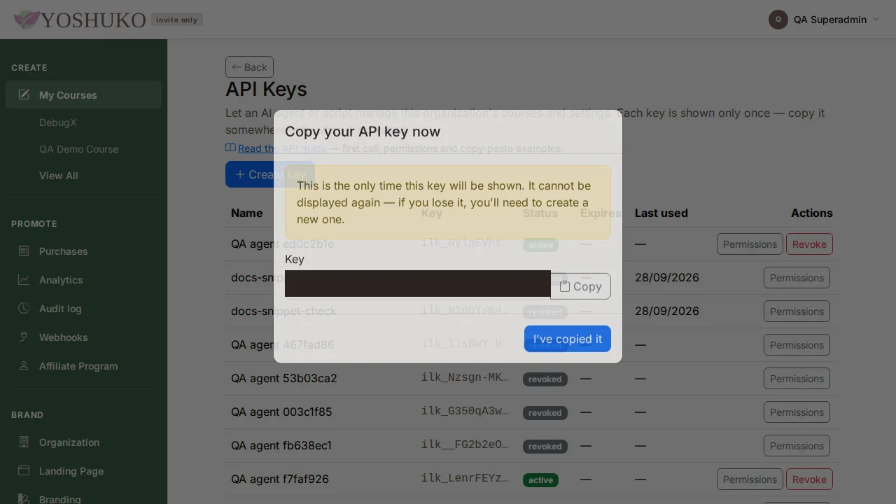 API Keys screen