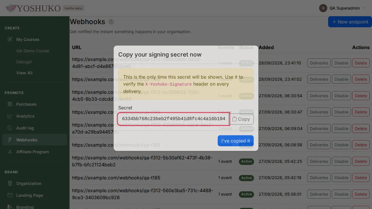 Webhooks screen