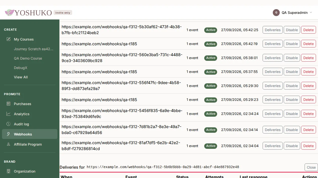 Webhooks screen