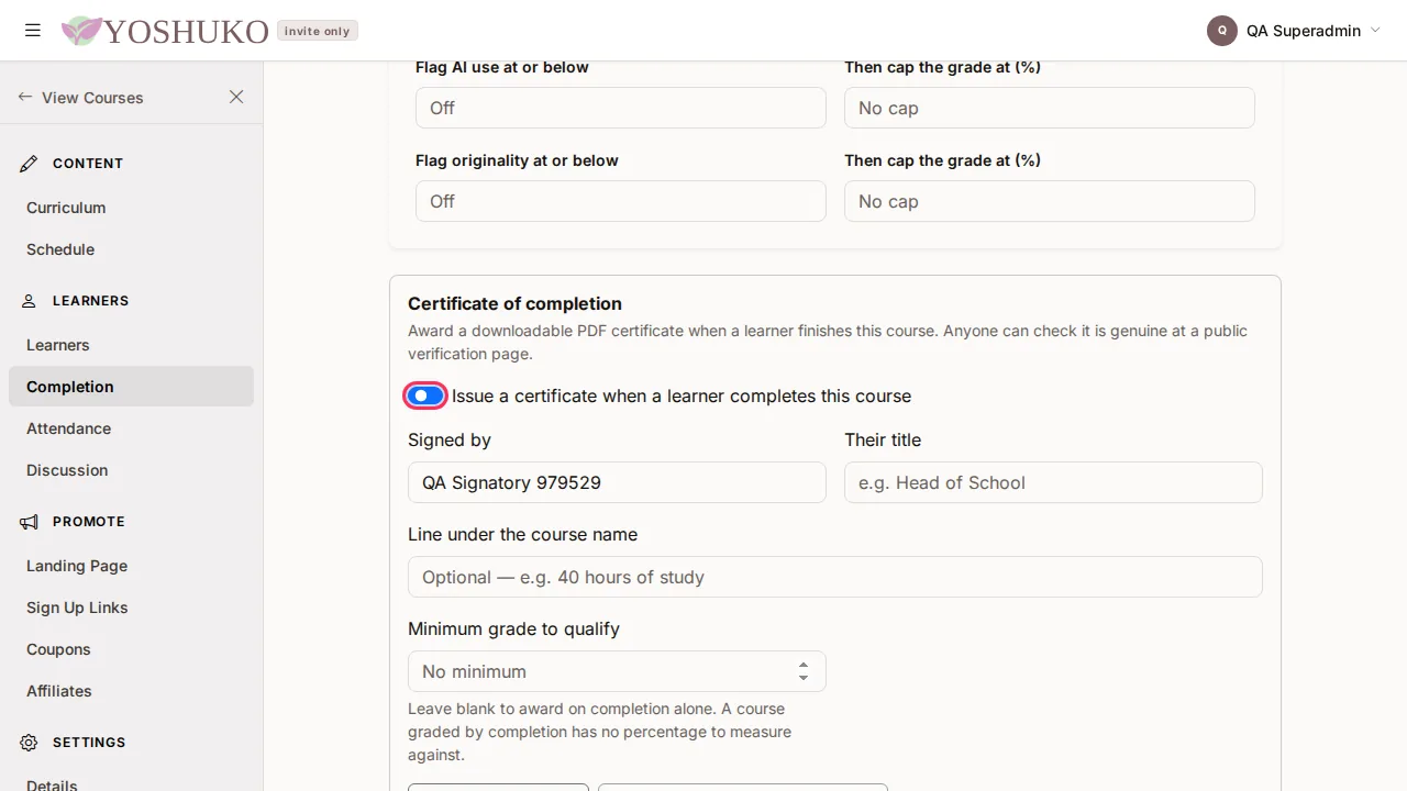 Gradebook setup screen