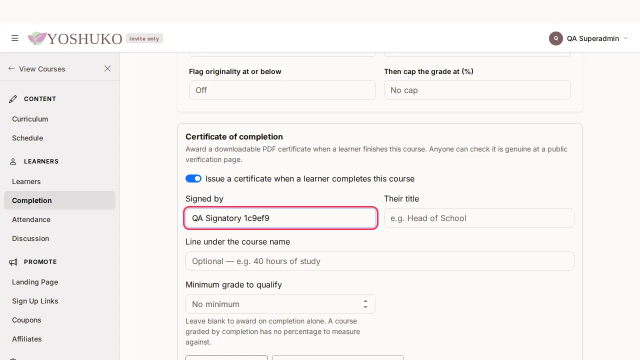 Gradebook setup screen