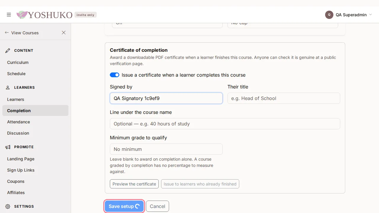Gradebook setup screen