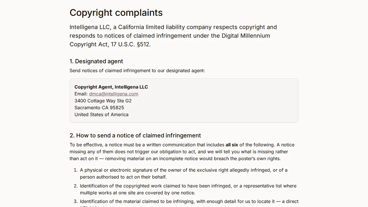 Copyright complaints (DMCA) screen