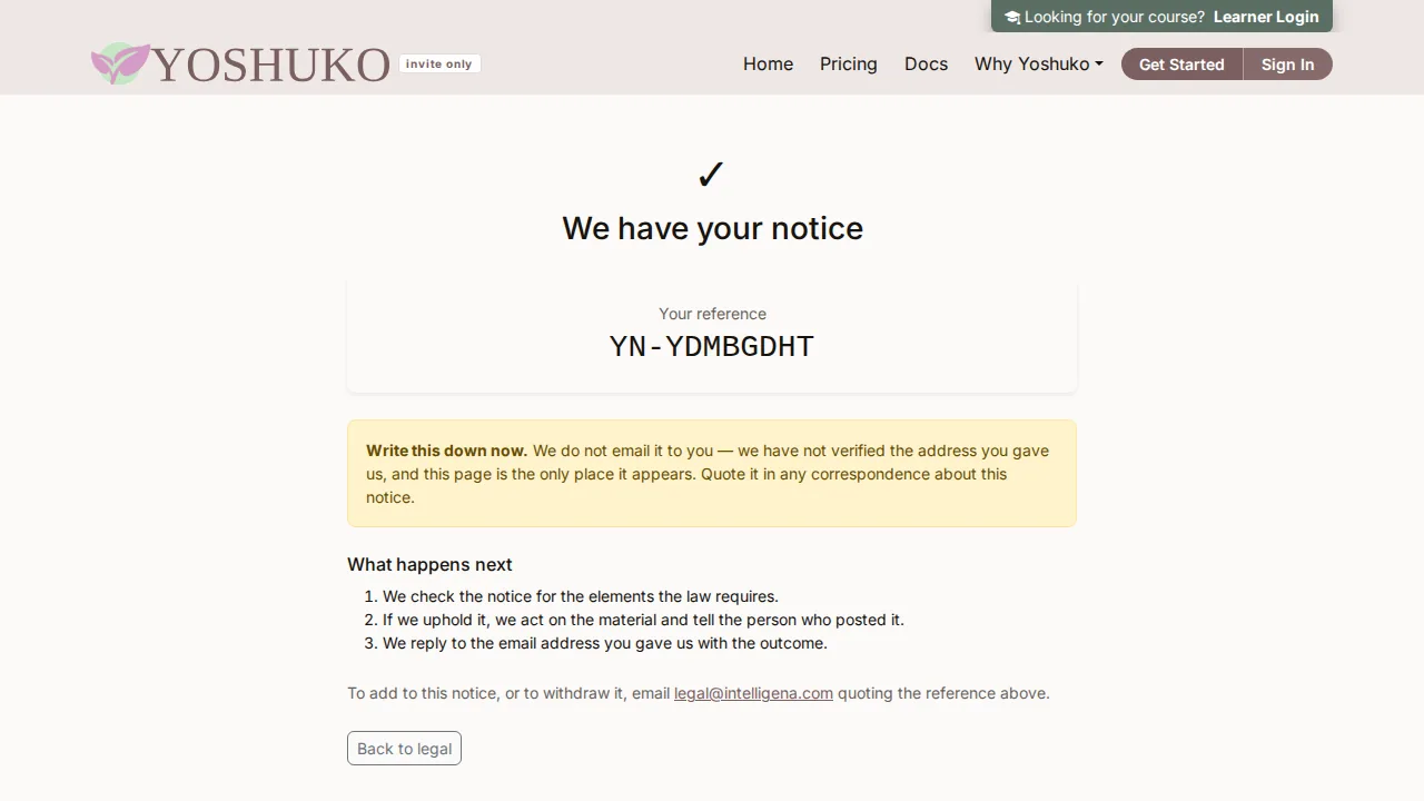 Copyright complaints (DMCA) screen
