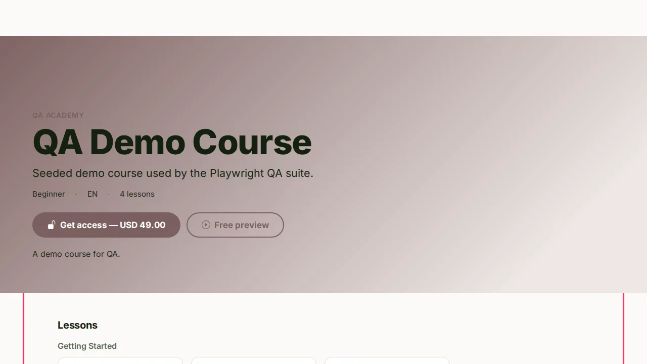 Course landing page screen