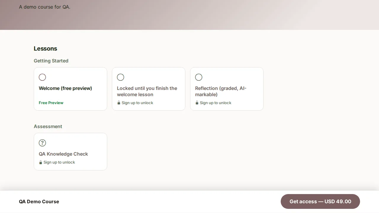 Course landing page screen