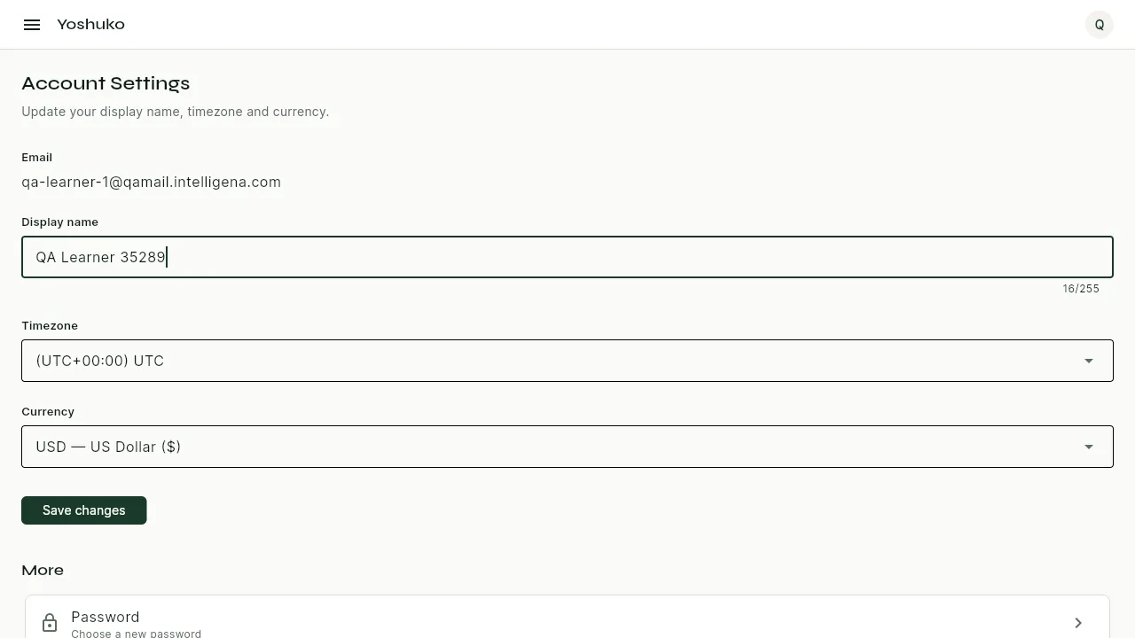 Account settings screen