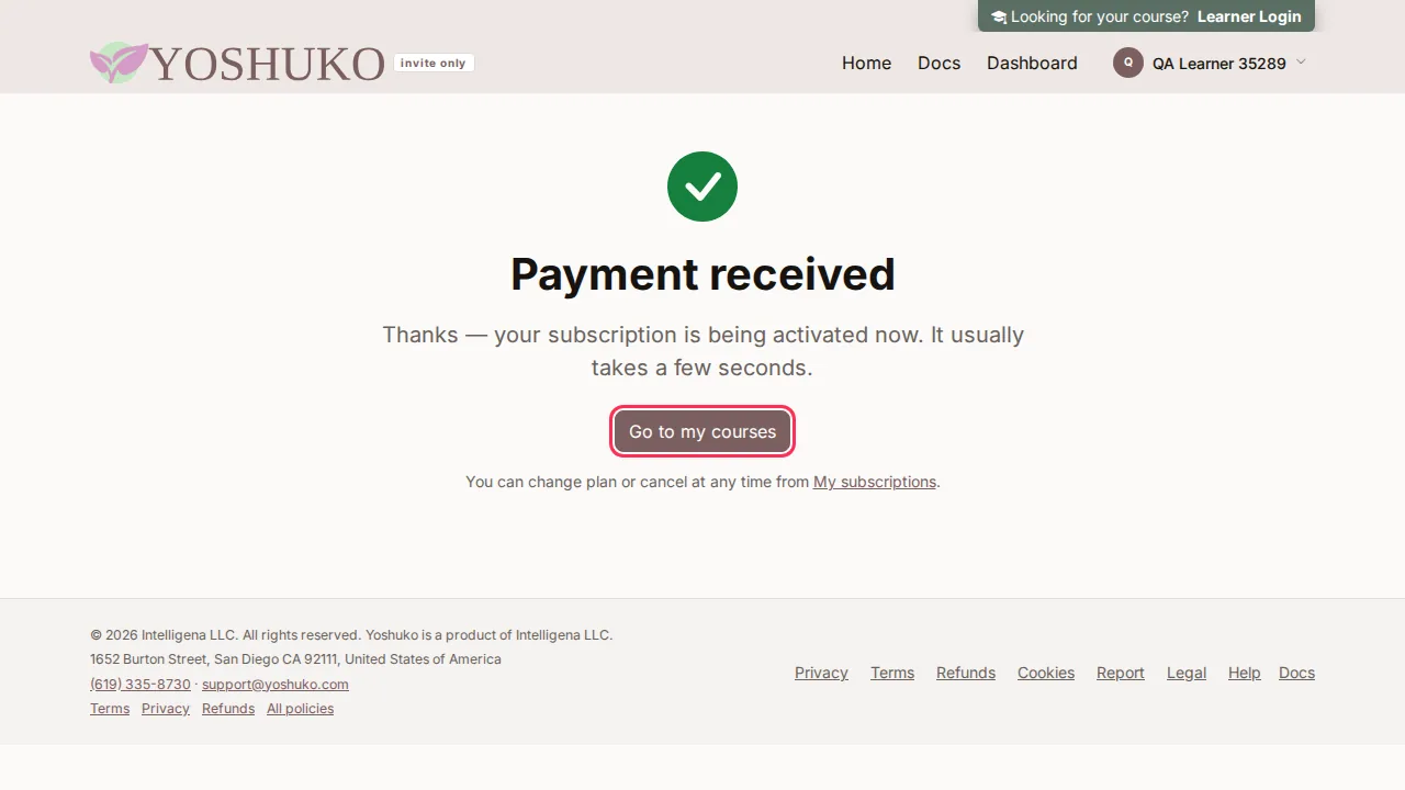 Catalog subscription — payment received screen