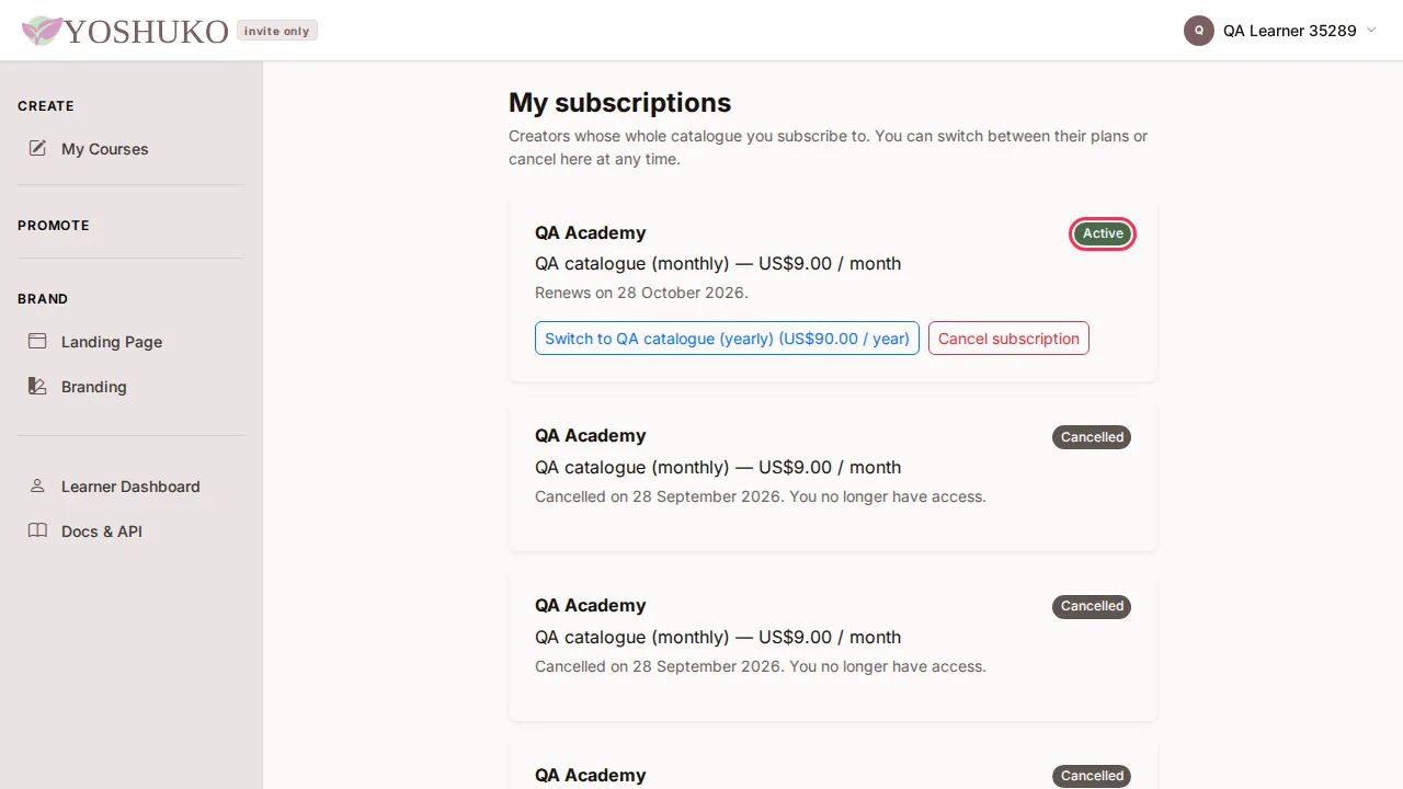 My subscriptions screen