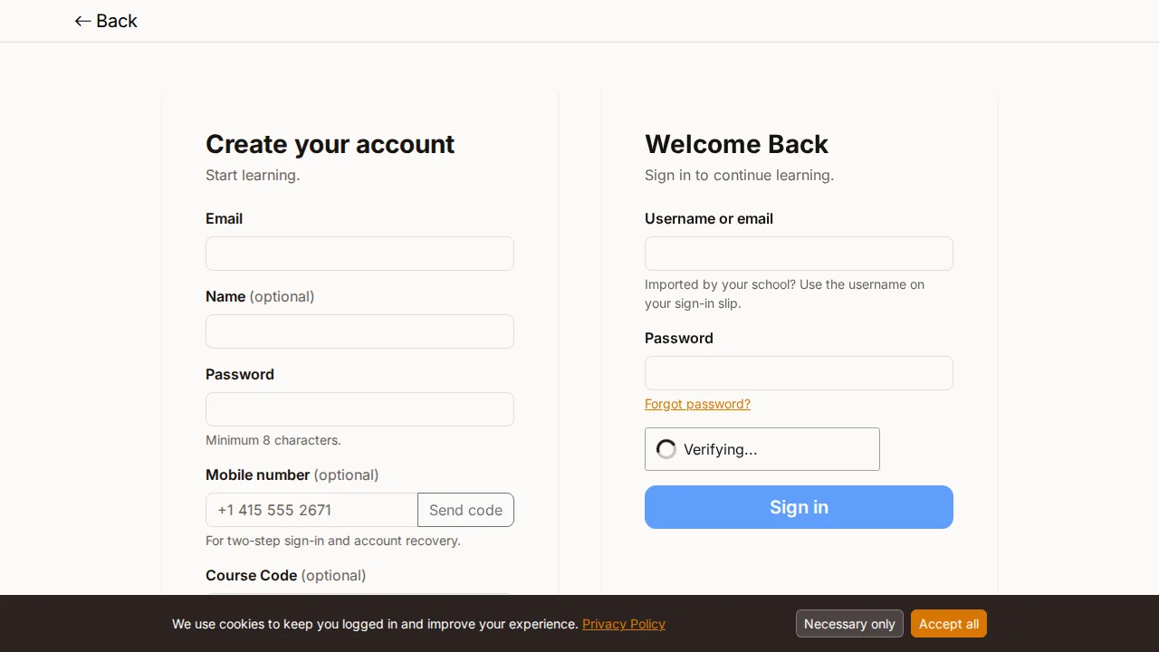 Course landing page (storefront) screen