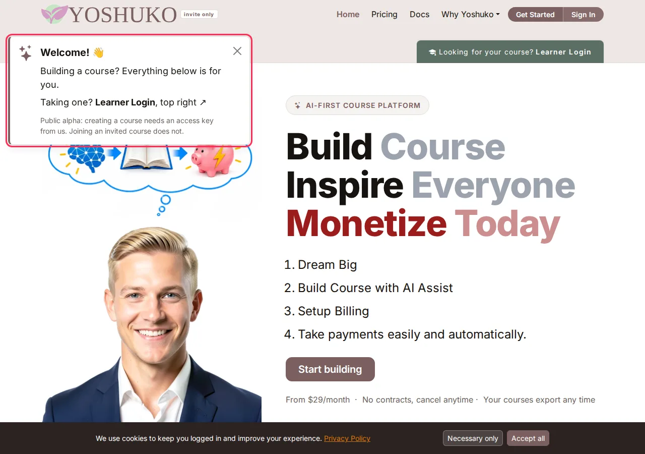 Marketing home page (Creators) screen