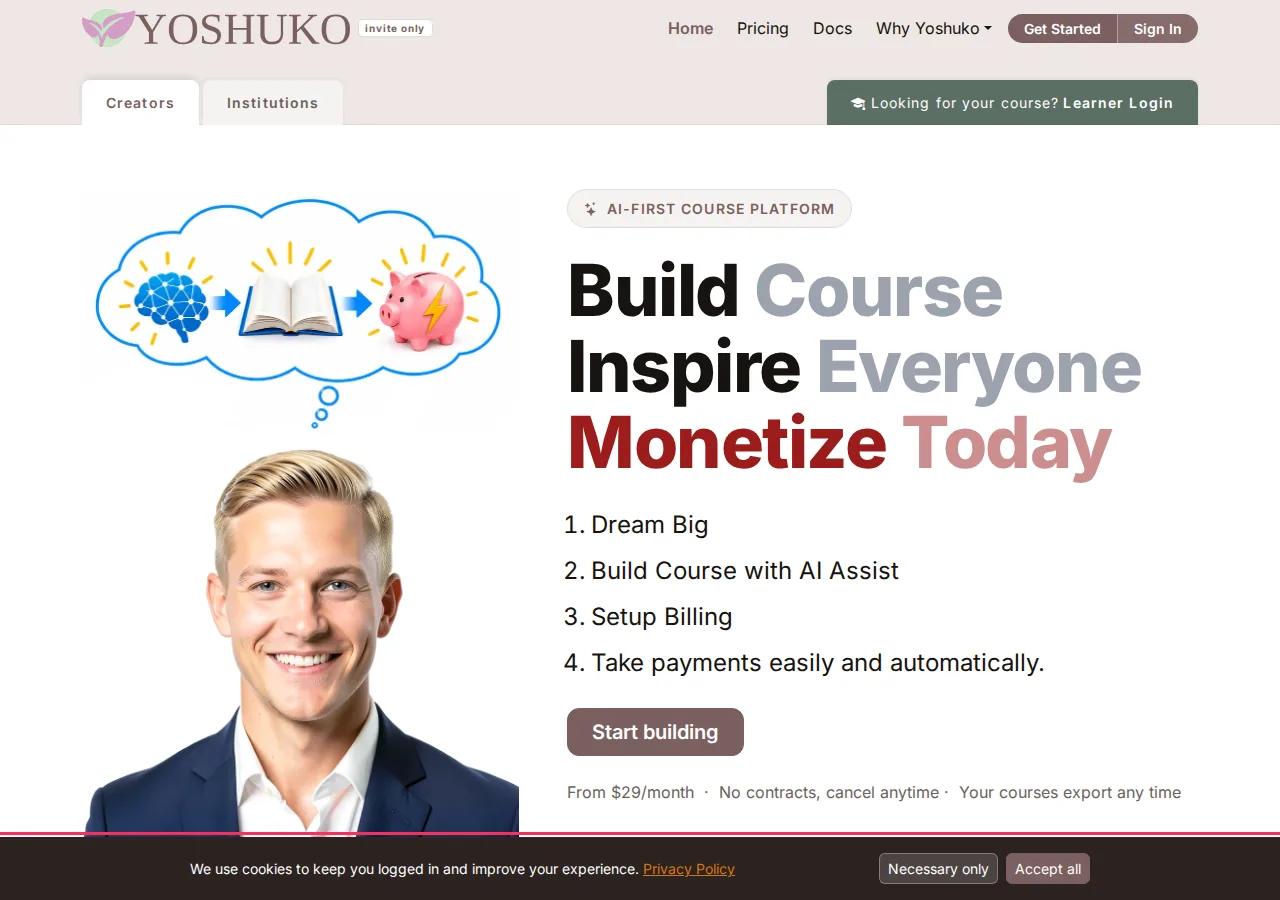 Marketing home page (Creators) screen