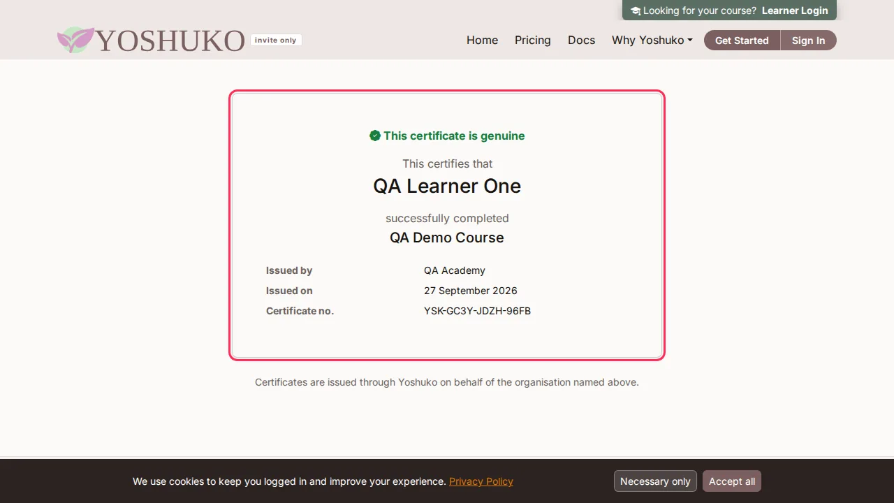 Verify a certificate screen